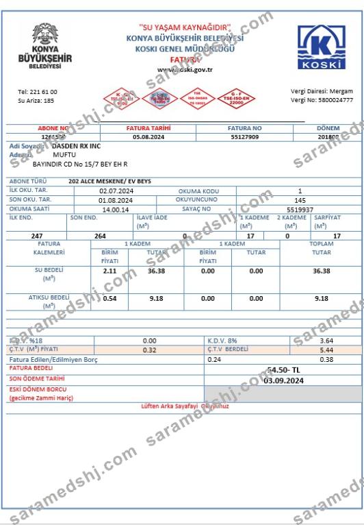 Turkey water business utility bill template in Word and PDF formats